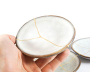 Light Grey Small Plate Food Safe Decorated in Kintsugi 22K Gold, Kintsukuroi Zen Art, Golden Cracks, Anniversary Gift