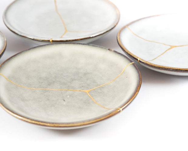 Light Grey Small Plate Food Safe Decorated in Kintsugi 22K Gold, Kintsukuroi Zen Art, Golden Cracks, Anniversary Gift