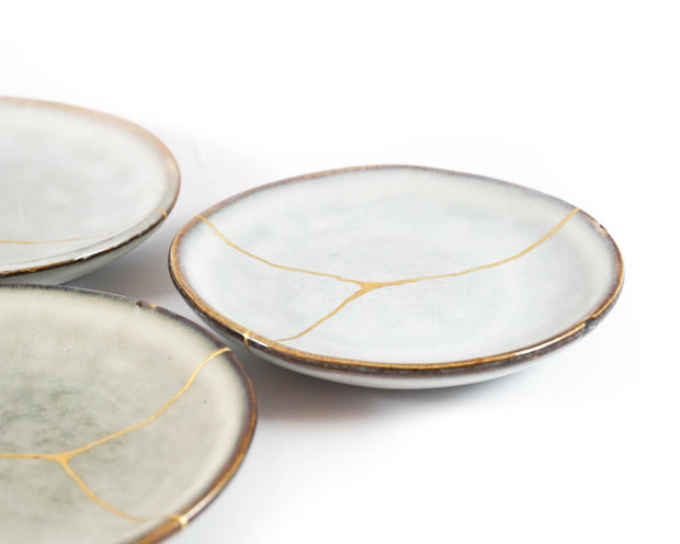 Light Grey Small Plate Food Safe Decorated in Kintsugi 22K Gold, Kintsukuroi Zen Art, Golden Cracks, Anniversary Gift