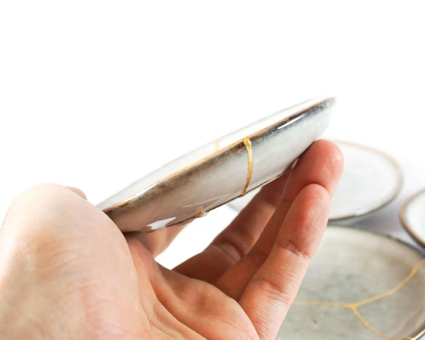 Light Grey Small Plate Food Safe Decorated in Kintsugi 22K Gold, Kintsukuroi Zen Art, Golden Cracks, Anniversary Gift