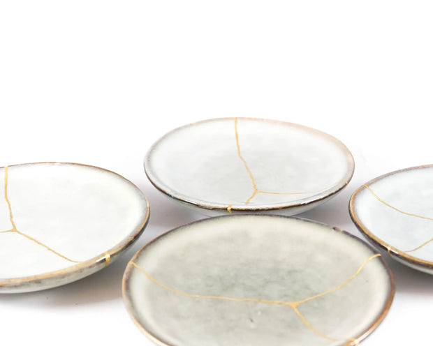 Light Grey Small Plate Food Safe Decorated in Kintsugi 22K Gold, Kintsukuroi Zen Art, Golden Cracks, Anniversary Gift