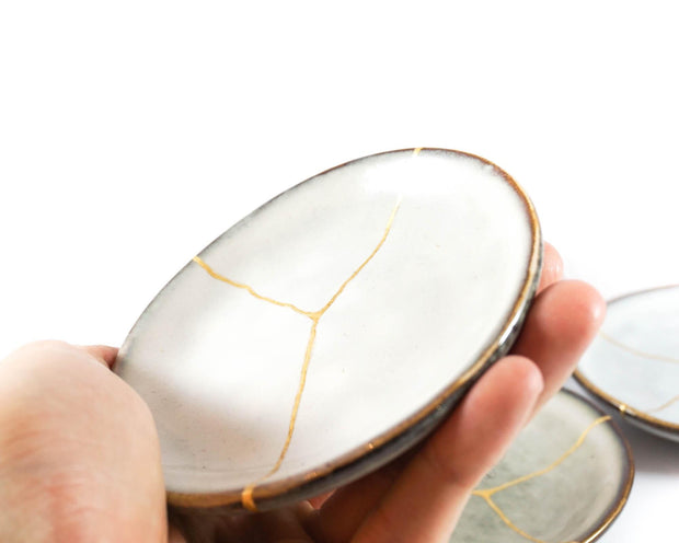 Light Grey Small Plate Food Safe Decorated in Kintsugi 22K Gold, Kintsukuroi Zen Art, Golden Cracks, Anniversary Gift