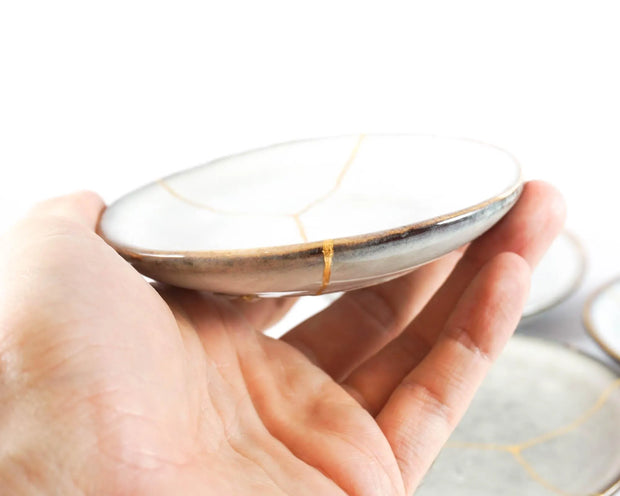 Light Grey Small Plate Food Safe Decorated in Kintsugi 22K Gold, Kintsukuroi Zen Art, Golden Cracks, Anniversary Gift