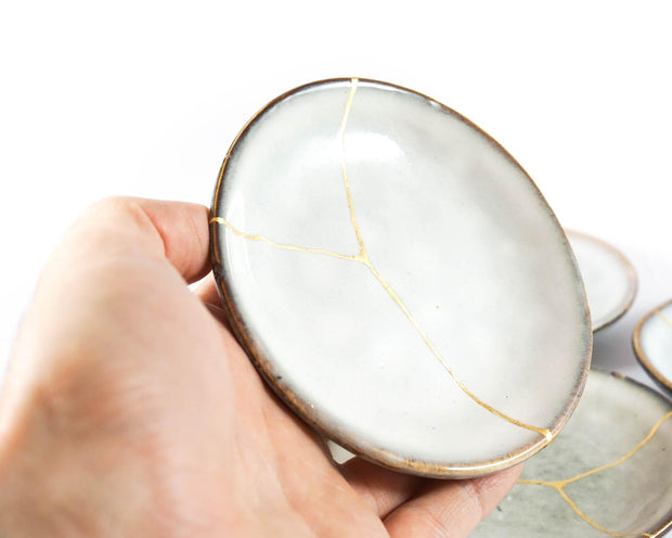 Light Grey Small Plate Food Safe Decorated in Kintsugi 22K Gold, Kintsukuroi Zen Art, Golden Cracks, Anniversary Gift