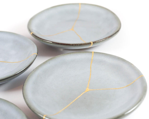Small Light Blue Kintsugi Plate with 22K Gold Accents