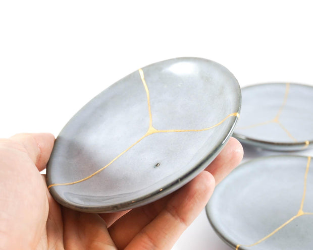Small Light Blue Kintsugi Plate with 22K Gold Accents