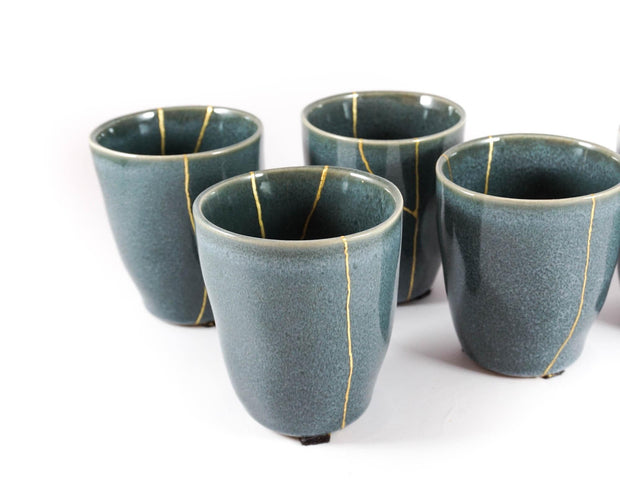 Blue Green Ceramic Cup with Gold Kintsugi 