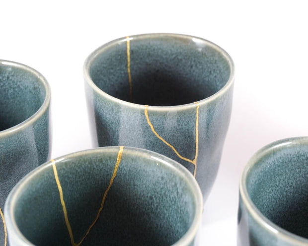 Blue Green Ceramic Cup with Gold Kintsugi 