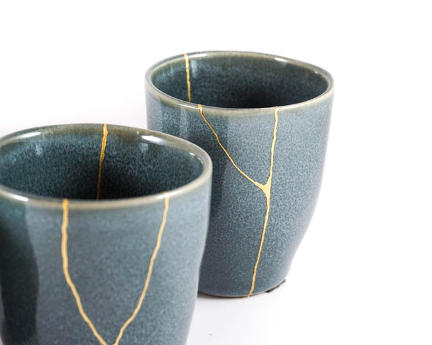 Blue Green Ceramic Cup with Gold Kintsugi 