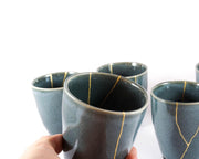 Blue Green Ceramic Cup with Gold Kintsugi 