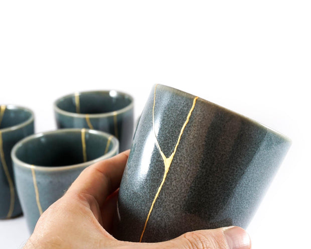 Blue Green Ceramic Cup with Gold Kintsugi 