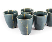 Blue Green Ceramic Cup with Gold Kintsugi 