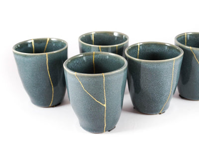 Blue Green Ceramic Cup with Gold Kintsugi 
