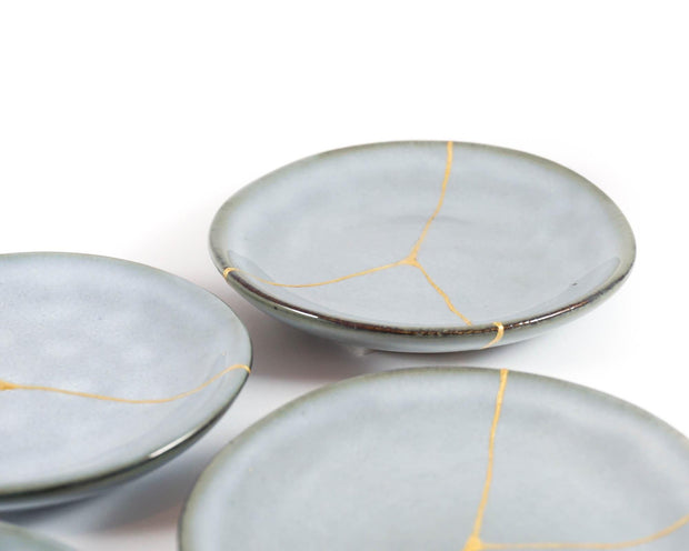 Small Light Blue Kintsugi Plate with 22K Gold Accents