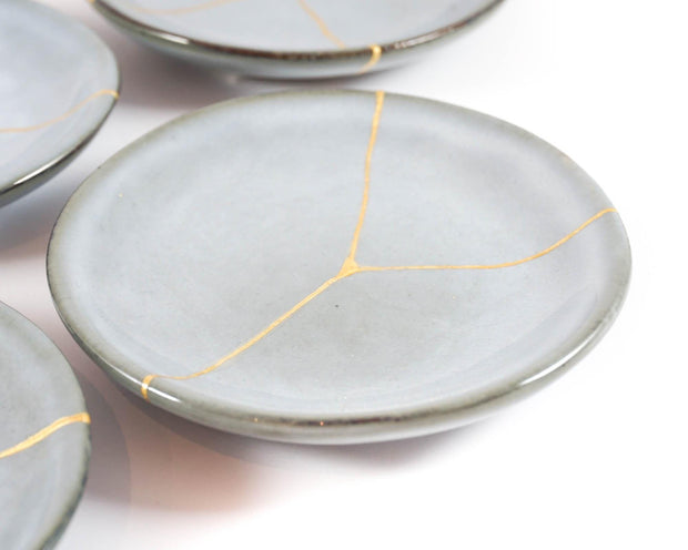 Small Light Blue Kintsugi Plate with 22K Gold Accents