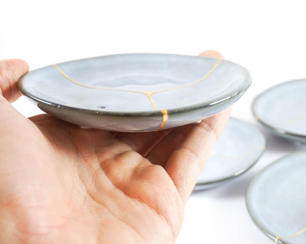 Small Light Blue Kintsugi Plate with 22K Gold Accents