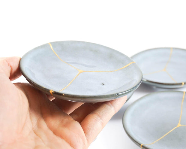 Small Light Blue Kintsugi Plate with 22K Gold Accents