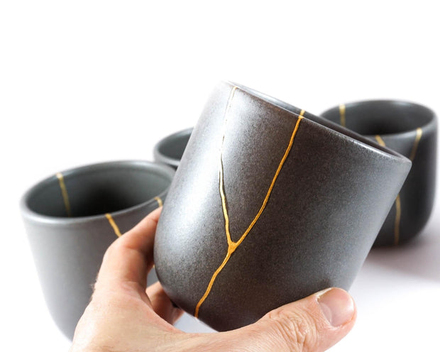 Elegant Grey Ceramic Cup with Gold Kintsugi