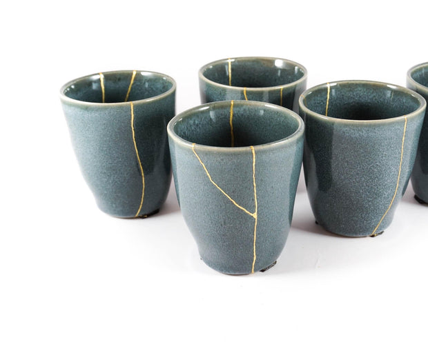 Blue Green Ceramic Cup with Gold Kintsugi 