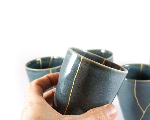 Blue Green Ceramic Cup with Gold Kintsugi 